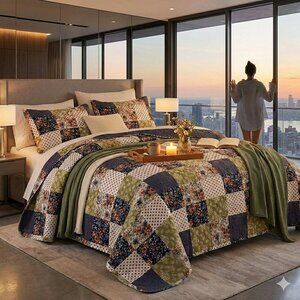 Printed Patchwork Quilt Set Embossed Quilted Bedspread 3 PC Floral Bedding Set